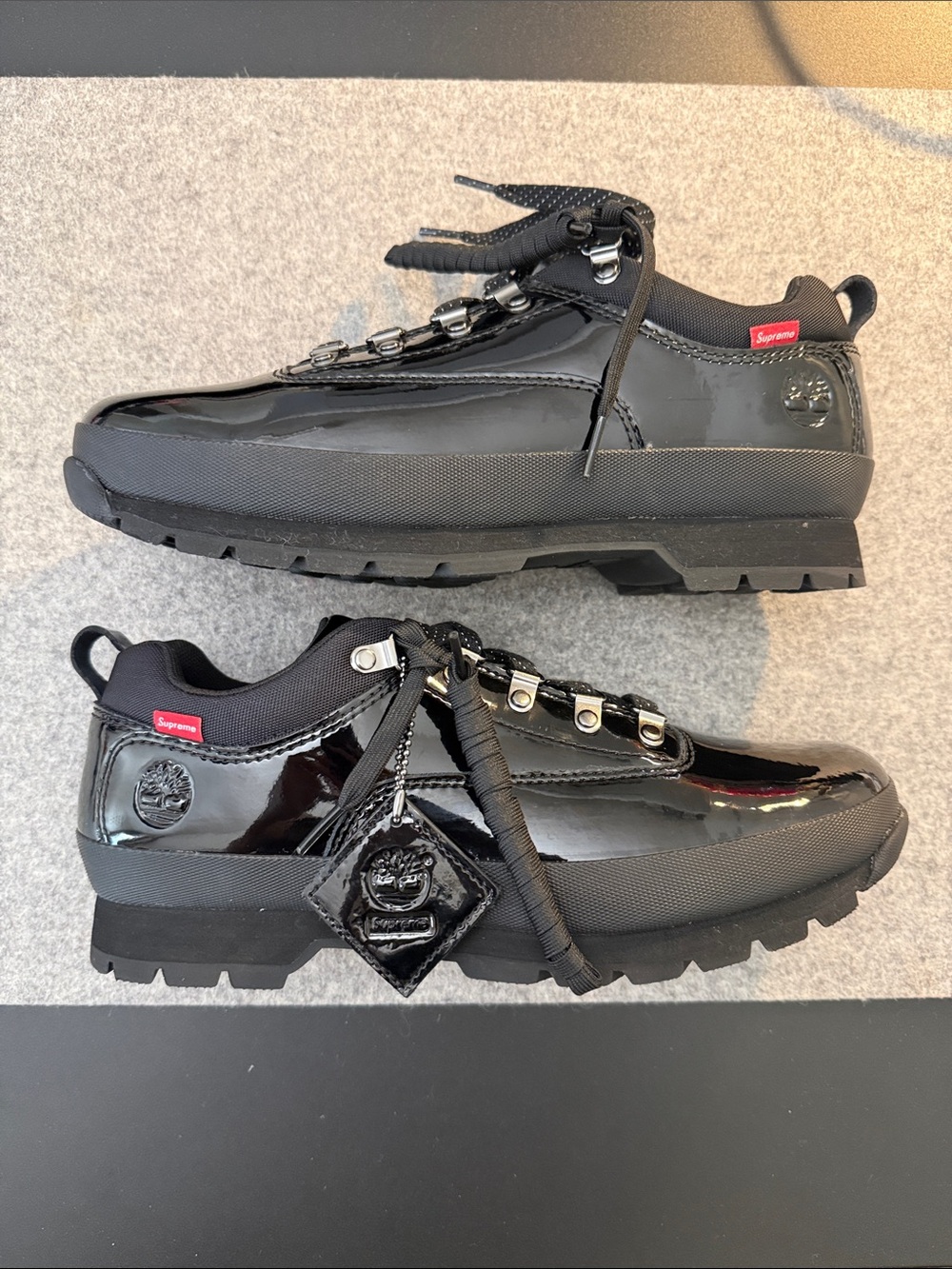 Supreme + Timberland Euro Hiker Low, Black Patent leather 10M